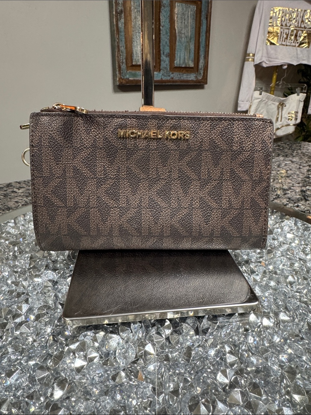 Michael Kors large Brown Signature MK Zip Wristlet with Gold Logo EUC